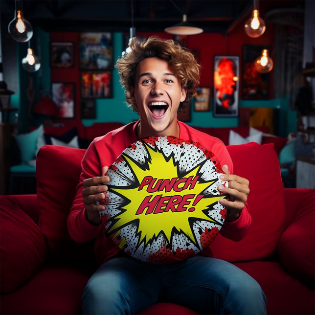 Coussins Ronds Drôle Pop Art "Punch Here" (Funny Pop Are "Punch Here" Pillow)