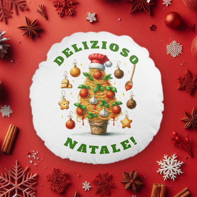 Coussins Ronds Drôle Spaghetti Arbre de Noël Delizioso Natale! (Funny Christmas Spaghetti Tree Round Pillow Cover Photo)