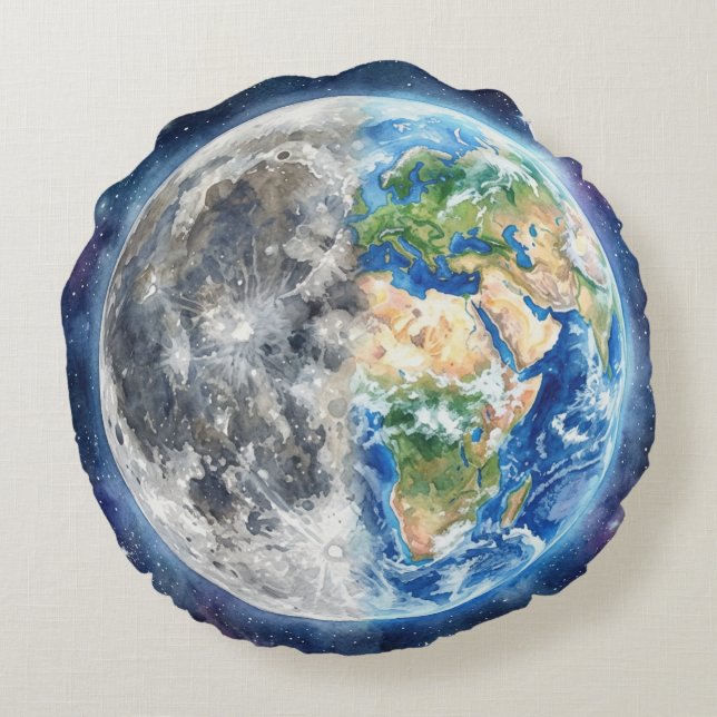 Coussins Ronds Earth & Moon Watercolor Galaxy Celestial Design (Dos)