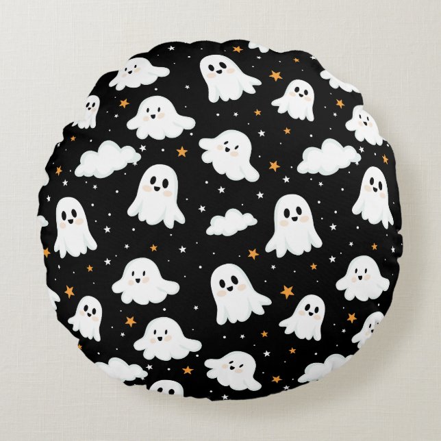 Coussins Ronds Éffrayant mignon Halloween Ghost Nuageux Star Sky (Devant)