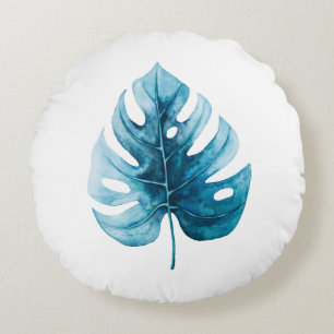 Coussins Ronds Elégance simple Aquarelle Feuille de Monstère Bleu