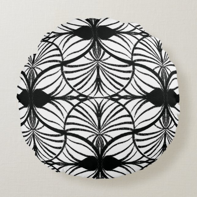 Coussins Ronds Elégant Art Déco pétoncles Gouache Noir & Blanc (Devant)