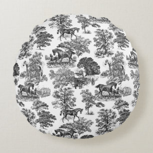 Coussins Ronds Elégant Black White Rustic Horses Toile