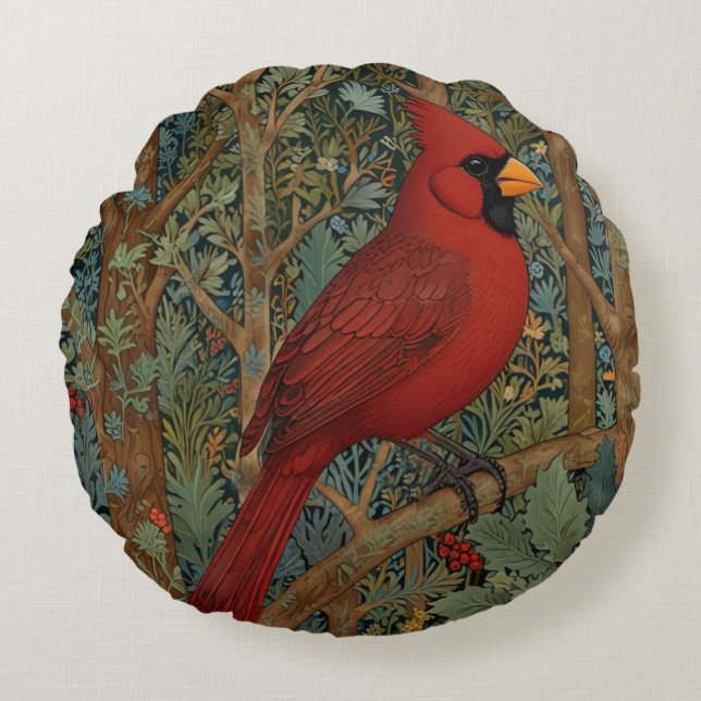 Coussins Ronds Elégant cardinal rétro Art Nouveau rouge oiseau (Devant)