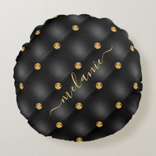 Coussins Ronds Elégant Diamant Or Noir Tufted Luxe Votre Nom