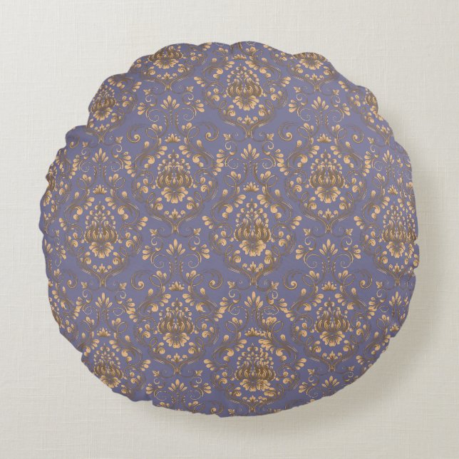 Coussins Ronds Elegant Gold Damask on Periwinkle Blue (Devant)