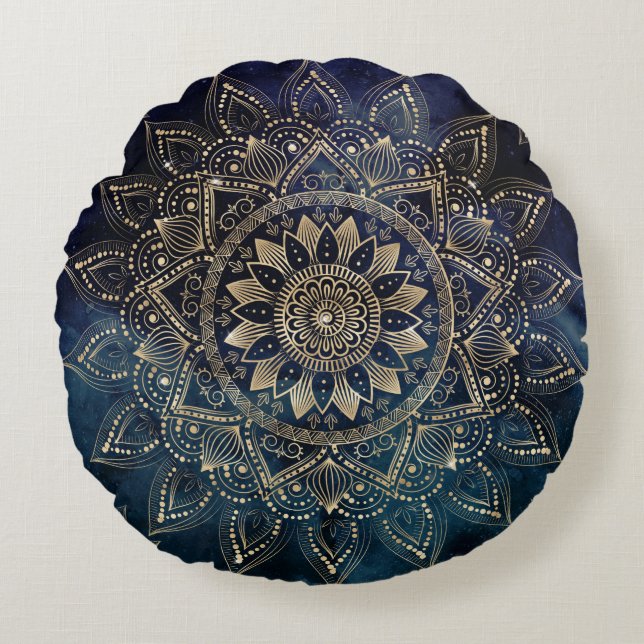 Coussins Ronds Elégant Mandala Gold Blue Galaxy (Devant)