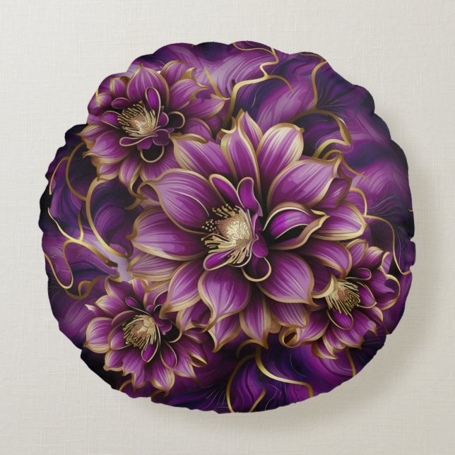 Coussins Ronds Élégant modèle floral violet et or (Devant)