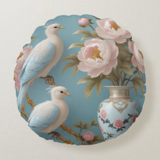 Coussins Ronds Elégant Oiseaux blancs et pivoines sur des branche