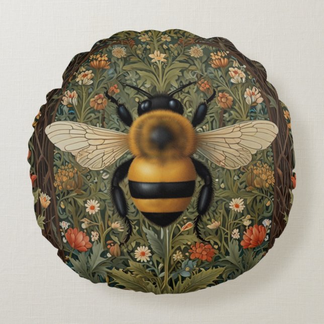 Coussins Ronds Elégant rétro bumblebee boho botanique floral art (Devant)