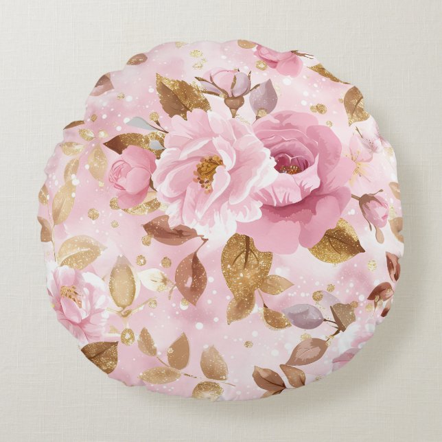 Coussins Ronds élégant rose cousu motif avec fleurs rose a (Devant)
