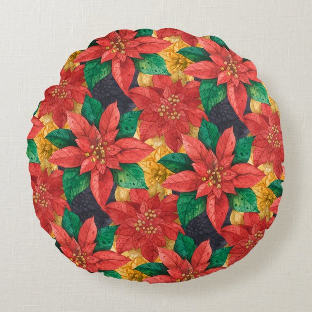 Coussins Ronds Élégant Rouge Poinsettias Noël (Devant)