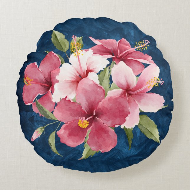 Coussins Ronds Elégante aquarelle florale marbre bleu profond (Devant)