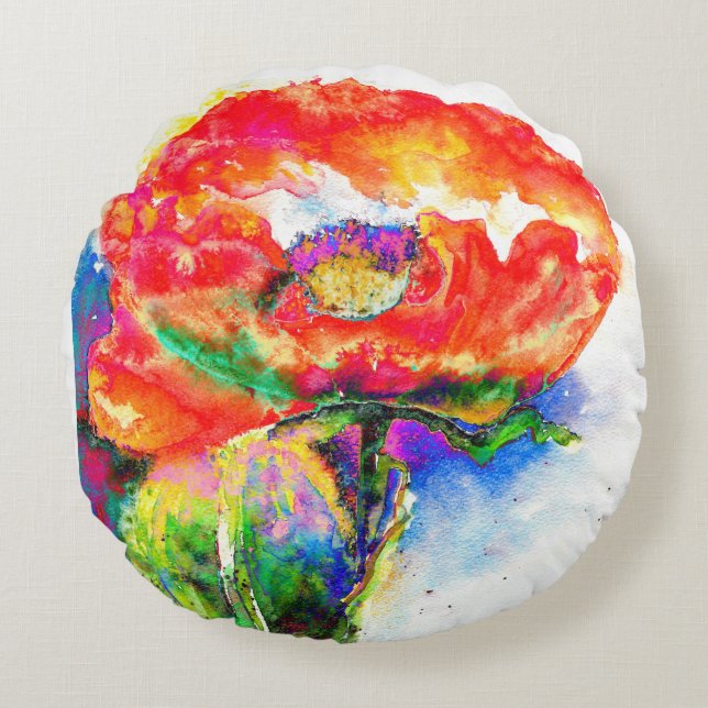 Coussins Ronds Elégante aquarelle rouge florale (Devant)