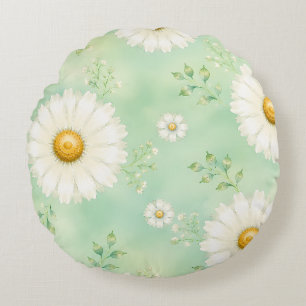 Coussins Ronds Élégante Marguerite Aquarelle Menthe