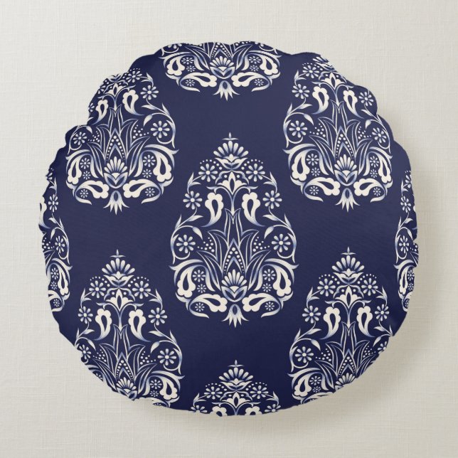 Coussins Ronds élément motif transparent damassé bleu (Devant)