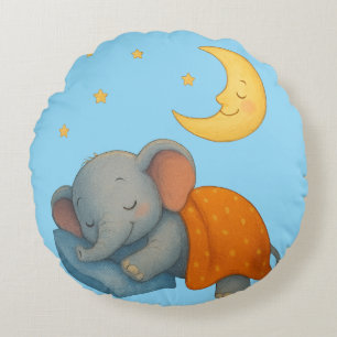Coussins Ronds Éléphant Bébé Endormi Sous la Lune – Rêve Mignon
