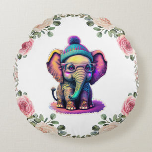 Coussins Ronds Eléphant bébé mignon avec lunettes et Beanie
