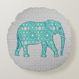 Coussins Ronds Éléphant de fleur de mandala - turquoise, gris e