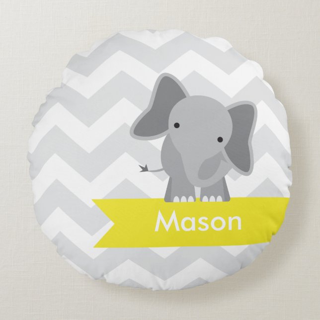 Coussins Ronds Éléphant jaune gris personnalisé de Chevron (Devant)
