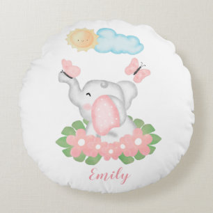 Coussins Ronds Eléphant mignon bébé avec fleurs roses