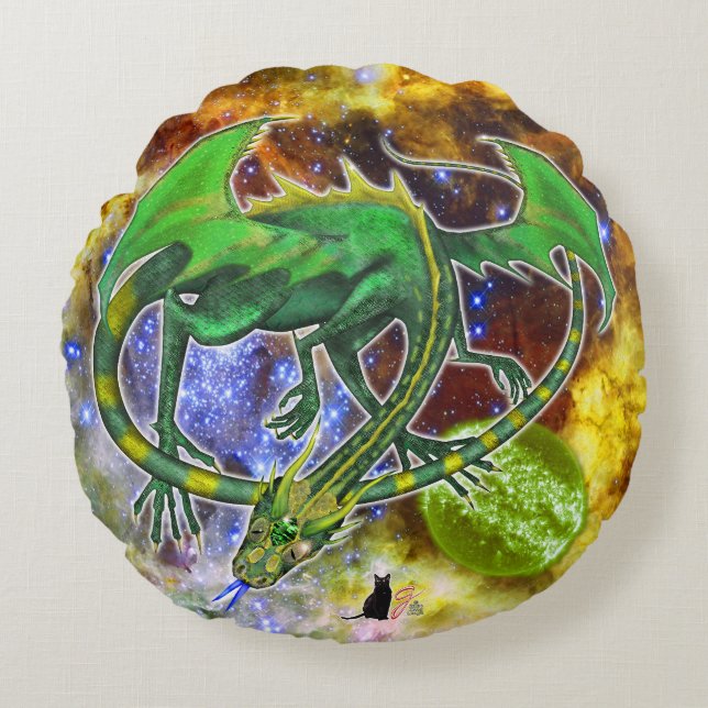 Coussins Ronds Emerald Cosmic Dragon (Devant)