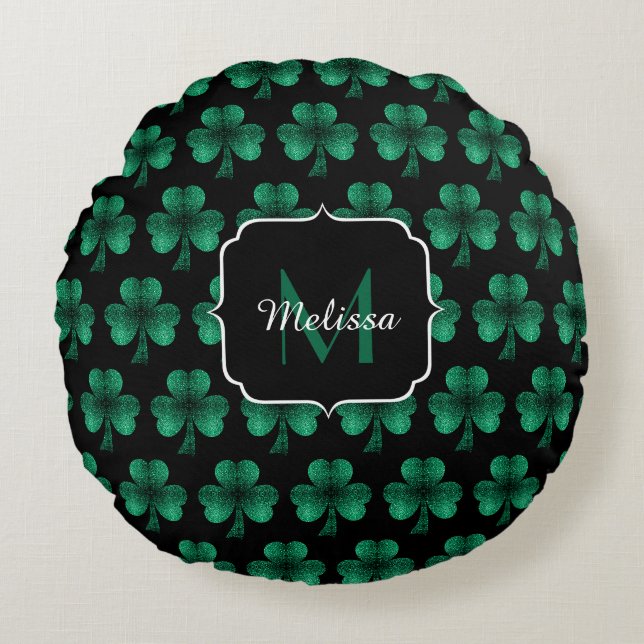 Coussins Ronds Emerald Green Sparkle Shamrock noir Monogramme (Devant)