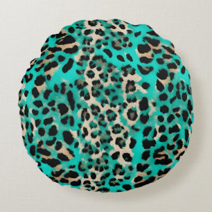 Coussins Ronds Empreinte de léopard Turquoise Turquoise