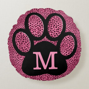 Coussins Ronds Empreinte de patte rose amusant avec Monogramme à 