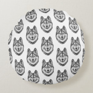 Coussins Ronds Encre noir et blanc et aquarelle Husky sibérien