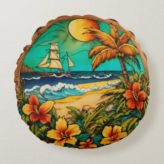 Coussins Ronds Encre tropicale intemporelle - Monterey Beach Tatt