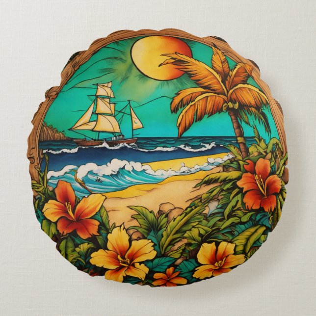 Coussins Ronds Encre tropicale intemporelle - Monterey Beach Tatt (Devant)
