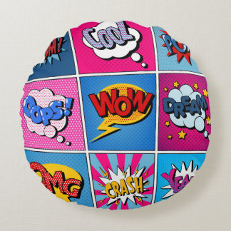 Coussins Ronds Ensemble de bulles comiques. Expressions Bom, Cool