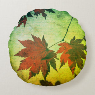 Coussins Ronds Érable japonais script feuille tomber rouge vert