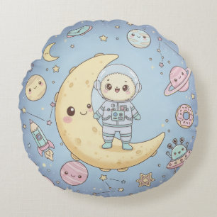 Coussins Ronds Espace Mignon Kawaii - Astronaute et Lune Souriant