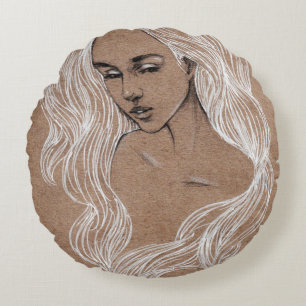 Coussins Ronds Esquisse de portrait : Illustration de jeune fille