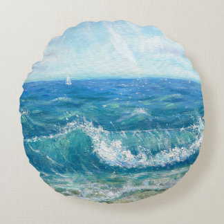 Coussins Ronds Eté, vagues bleues, peinture acrylique.