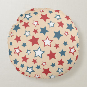 Coussins Ronds Étoiles rouges et bleues, 4 juillet, fond beige