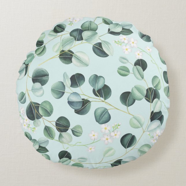 Coussins Ronds Eucalyptus Bliss : Motif d'aquarelle turquoise. (Devant)