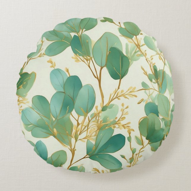 Coussins Ronds Eucalyptus Feuille Green et Gold Design (Devant)