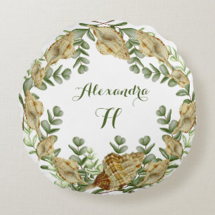 Coussins Ronds Eucalyptus Vert Aquarelle Coquillage