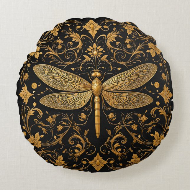 Coussins Ronds Exquise libellule d'or avec l'art floral (Devant)
