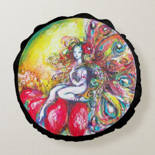 Coussins Ronds FAIRY TITANIA ET FLEURS ROUGES Yellow Pink Sparkin