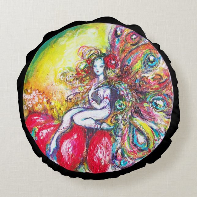 Coussins Ronds FAIRY TITANIA ET FLEURS ROUGES Yellow Pink Sparkin (Dos)