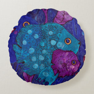 Coussins Ronds Famille de poissons, sous l'eau, bleu et violet