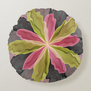 Coussins Ronds Fantaisie de fleurs fractales anthracite vert rose