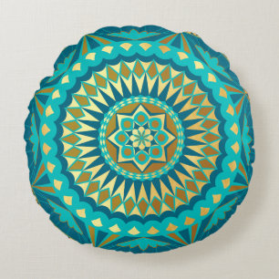 Coussins Ronds Fantaisie Mandala Bleu Or