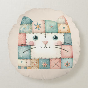 Coussins Ronds Fausse Maisonnette Pastel Patchwork Visage de Chat