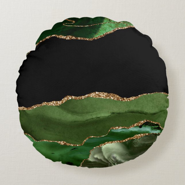 Coussins Ronds Faux Emerald Green Marbré Agate contemporain (Devant)
