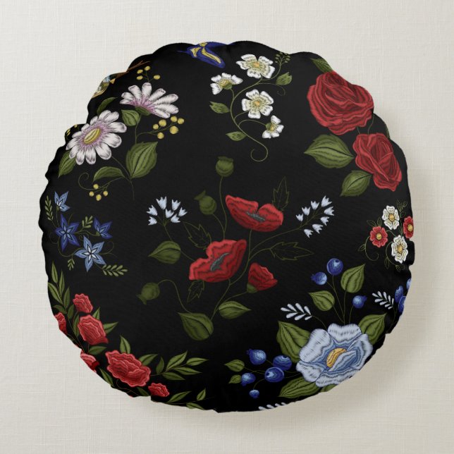 Coussins Ronds Faux Fleurs Brodées Rouge & Bleu    (Devant)